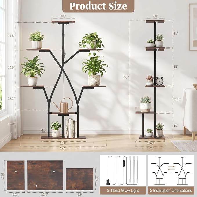 Quikraen Plant Stand Indoor with Grow Lights,50" Plant Shelf Corner Lighted Plant Stands for Indoor Growing,7 Tiered Large S-Shape Metal Display Shelves Plant Rack for Home Decor Patio Balcony