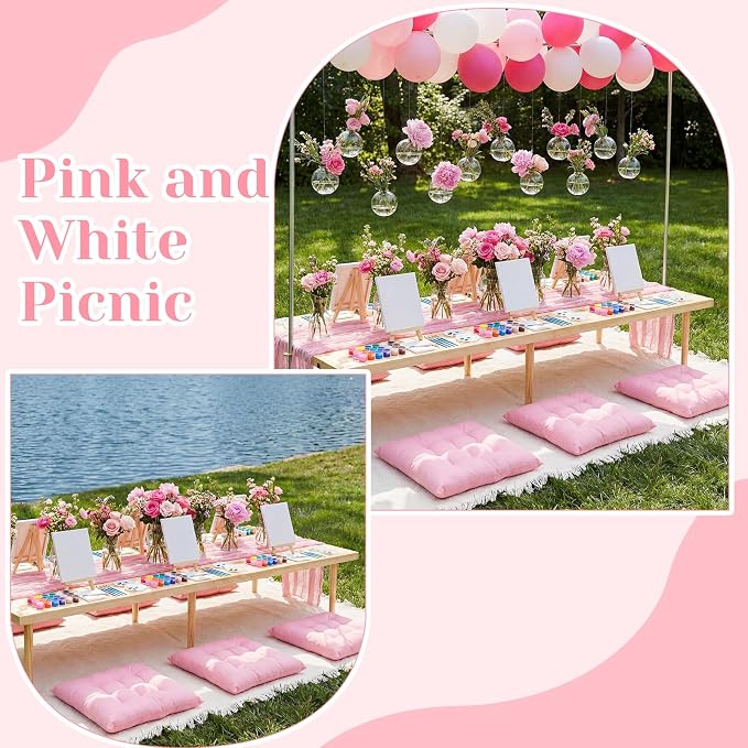 14 Pcs Picnic Paint Party Kit 91'' x 71'' Extra Large Outdoor Boho Blanket with Painting Kit Pink Floor Pillow Cushions and Cheesecloth Table Runner for Painting Party