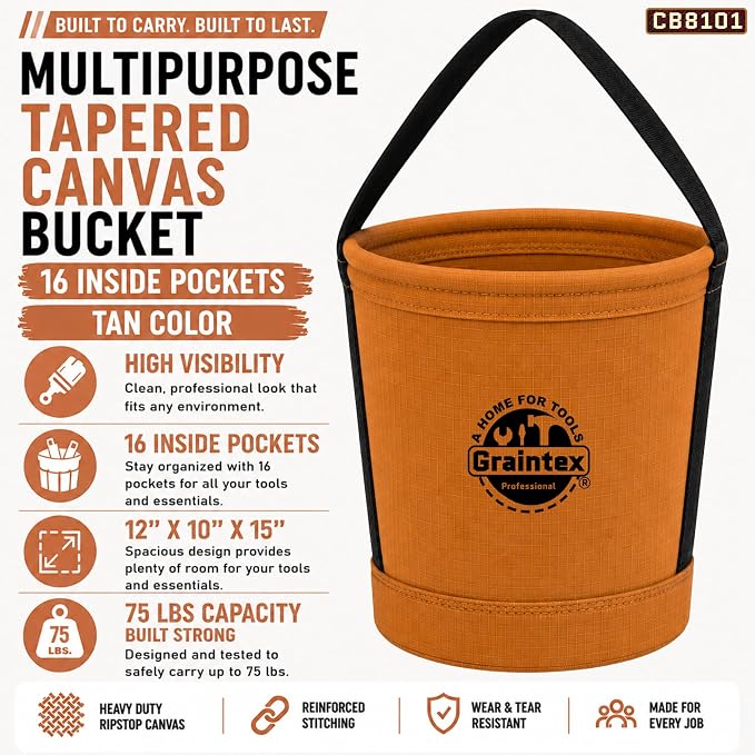 Graintex Canvas Utility Bucket 12"x10"x15". Tapered Tool Bucket, Reinforced Base & Carry Handle, Ripstop Canvas, Multi-Purpose Bag for Jobsite, Gardening, Home Use - Tan