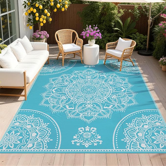 Pauwer Waterproof Outdoor Rug 8x10, Reversible Plastic Straw Patio Camping Rug, Indoor Outdoor RV Mat Carpet for Deck, Camper, Porch, Balcony, Backyard, Picnic, Floral Teal