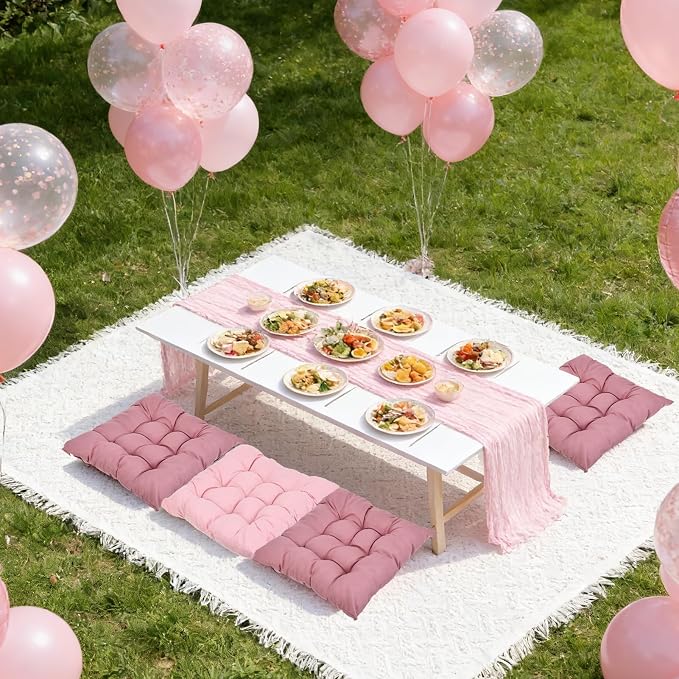 90 x 70.8 Extra Large Outdoor Boho Picnic Blanket with Pink Table Runner and 6 Throw Floor Pillow Cushion Woven Cotton Yarn Beach Blanket for Picnic Wedding Birthday Baby Shower Backyard Decor