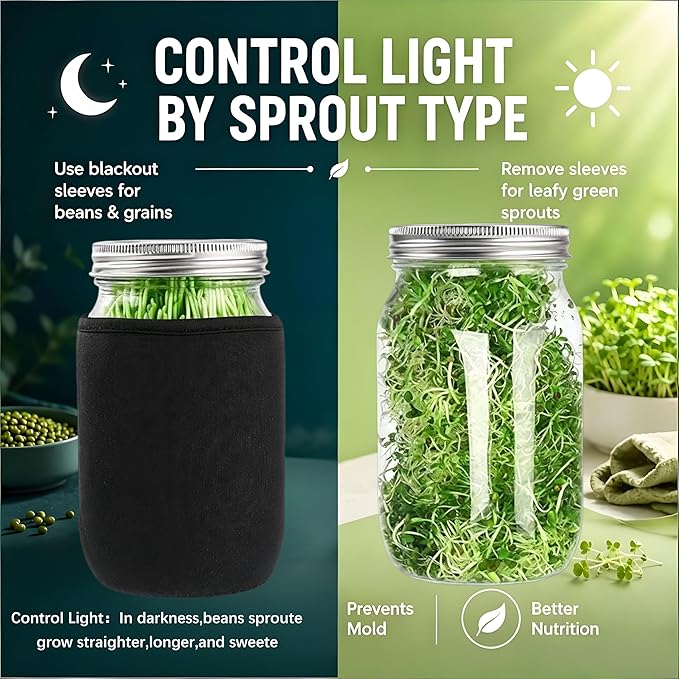 Premium Sprouting Jar Kit, 2Pack Wide Mouth Mason Jars with Mesh Sprouting Lids, Blackout Sleeves, Stand and Drip Tray, Professional Seed Sprouting Kit for Mung Bean, Broccoli Sprout Growing