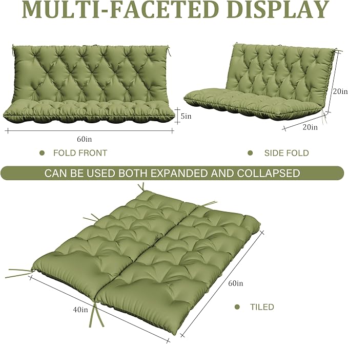 Porch Swing Cushion with Backrest,Waterproof Bench Cushion for Outdoor Furniture,2-3 Seater Replacement Thickened 5 in swing cushion,with Ties,Patio,Outdoor,Backyard and Garden (Light Green,60x40 in)