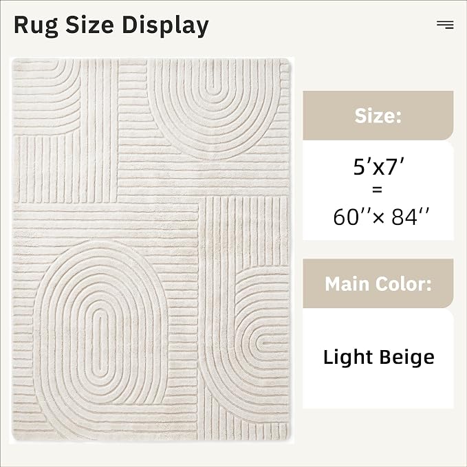 5x7 Solid Beige Area Rugs for Living Room, Geometric Washable Rug | Soft Fluffy Non-Slip Indoor Carpet, Neutral, Boho Modern Floor Rugs for Bedroom, Bedside, Kids Room, Nursery, Entryway
