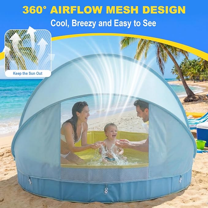 Kiddie Pool with Canopy, Large Foldable Pool Detachable UPF 50+ Sunshade | 63in Pool, Removable Sunshade, Foldable, Non Slip, Swimming Pool Beach Essentials Tent with Shade for Outdoor Backyard Beach