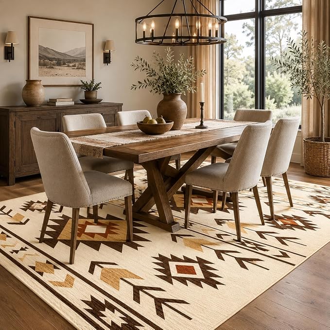 Area Rug 5x7 Western Rug Living Room Southwestern Aztec Tribal Rugs Southwest Navajo Machine Washable Non-Slip Printed Low-Pile Floor Carpet for Bedroom Dining Room Office, Camel