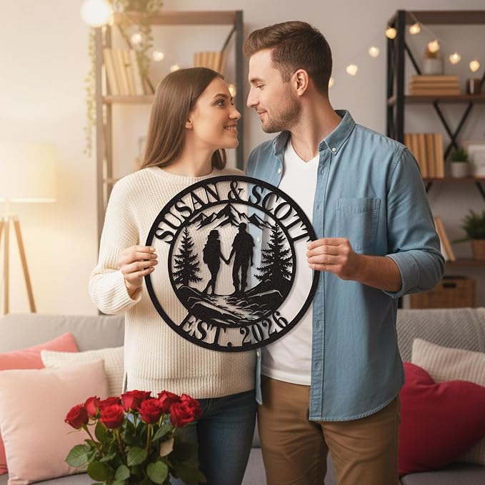 Personalized Valentine’s Day Metal Wall Sign, Custom Couple Name with EST Date, Romantic Mountain & Trees Wall Art, Outdoor Love Decor for Couples