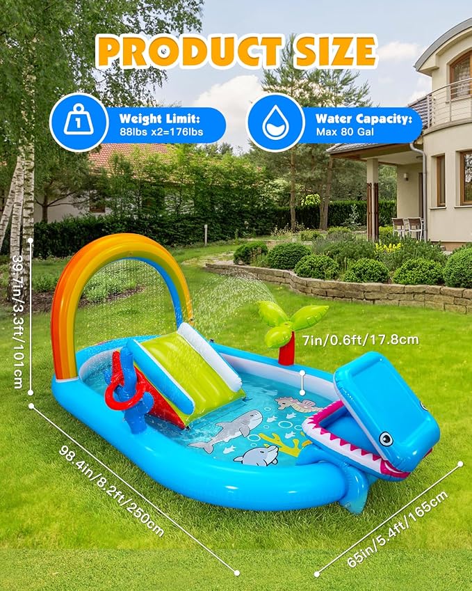 Whubefy Inflatable Kids Play Center Outdoor/Indoor 98 × 64 × 39 in Kid Pool Slide, with Water Sprayer, Waterfall, and Ocean Ball, Multicolor (Without Blower)