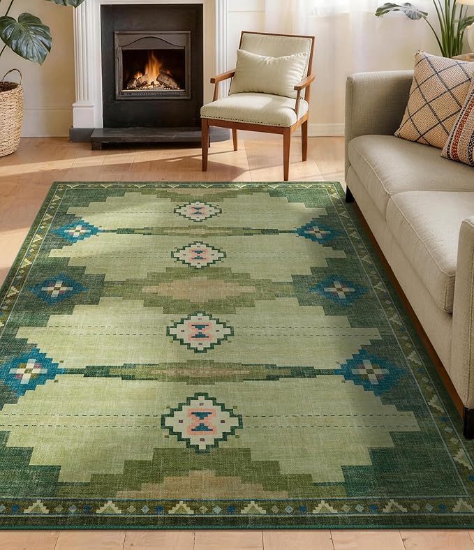 YIHOUSE 5’x7’ Washable Green Mid Century Modern Area Rug for Living Room | Non-Slip, Soft, Low Pile, Funky Retro Aztec Rug for Bedroom Dining Room Playroom, Green