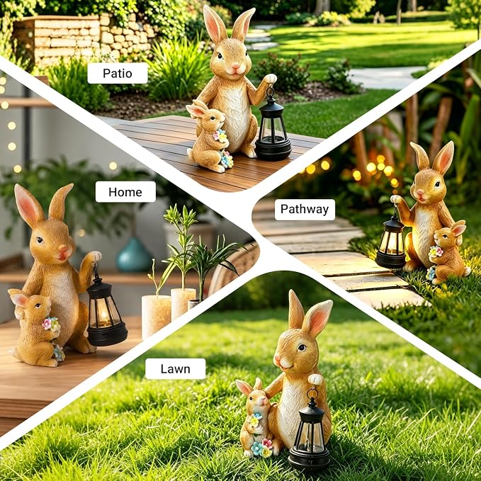 Solar Bunny Garden Statue with LED Lantern, Waterproof Resin Figurine | for Tabletop, Patio, Lawn & Easter Garden, Cute Outdoor Decor, Unique Housewarming & Birthday Gift for Women, Mom & Grandma