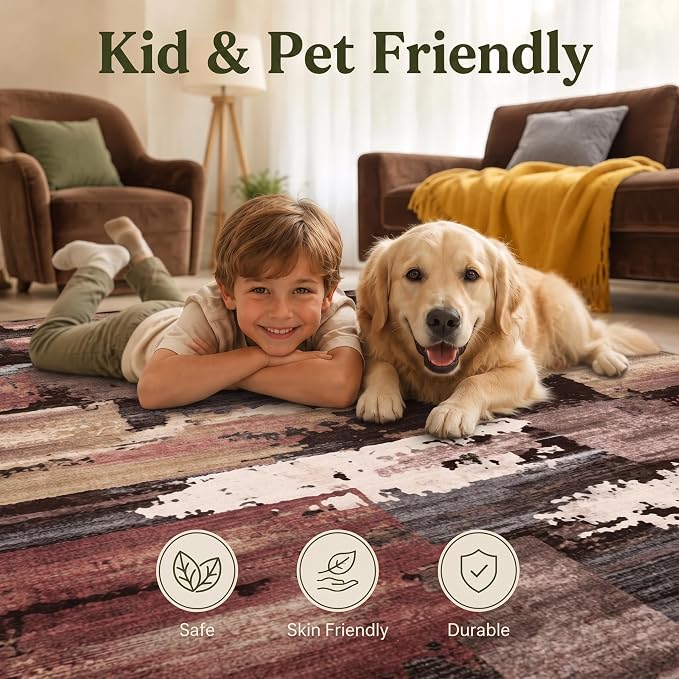 5x7 Rust and Beige Distressed Patchwork Area Rug for Living Room | Soft Low-Pile Machine-Washable Rug with Non-Slip Backing for Bedrooms, Dining Rooms and Home Offices, Designed for Easy Care