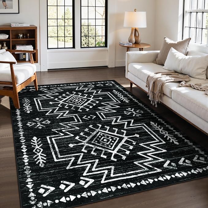 Lahome 5x7 Western Black and White Rugs for Living Room, Washable Aztec Rug | Boho Soft Low Pile Distressed Moroccan Carpet for Bedroom Dining Room Home Decor