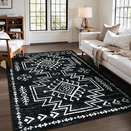 Lahome 5x7 Western Black and White Rugs for Living Room, Washable Aztec Rug | Boho Soft Low Pile Distressed Moroccan Carpet for Bedroom Dining Room Home Decor