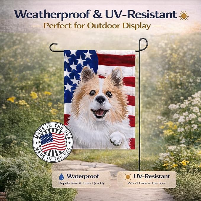 Caroline's Treasures CK6566GF Icelandic Sheepdog Dog American Flag Garden Flag Mailbox Flag Decorative Yard Flag Banner Outside Patio Artwork Yard Flower Beds, Garden Size, Multicolor