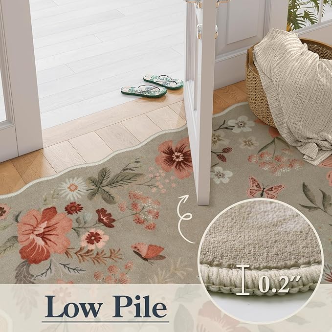 Lahome Floral Washable Rugs for Bedroom, 4X6 Area Rug Soft Living Room Rug | Ultra-Thin Non-Slip Classroom Stain Resistant Lightweight Boho Low-Pile Throw Carpet for Office Flore, Brown