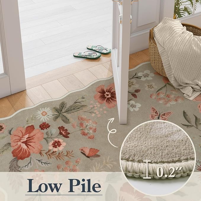 Lahome Floral Washable Kitchen Rug, Ultra-Thin Fall Door Mat, Indoor Entrance Stain Resistant Boho Small Low-Pile Throw Rug for Bathroom Bedroom Flore (2x3ft, Brown)