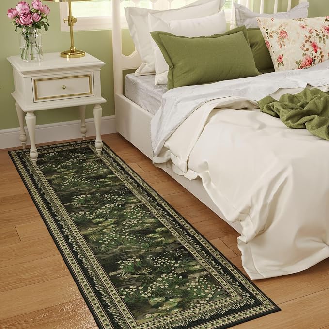 Rugcomf Runner Rug Impressionist-Style Vintage Kitchen Rugs Non Slip Washable Soft Carpet Runner for Kitchen Laundry Bedroom Bathroom, Green