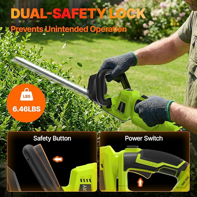 OGERY 20-Inch Brushless Cordless Hedge Trimmer with 2×3.0Ah Battery, 21V Electric Bush & Shrub Trimmer with Display, 2-Speed Control, 180° Rotatable Handle, Dual-Safety Switch for Garden Yard Care