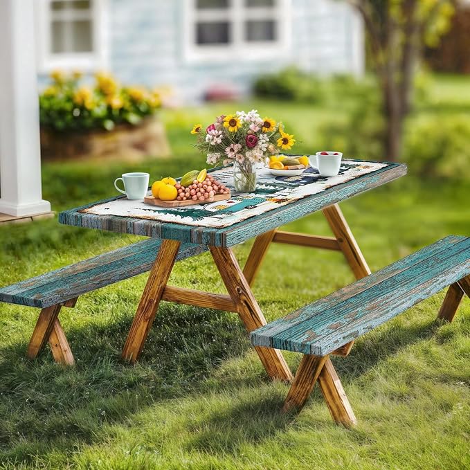 Picnic Table Covers with Bench Covers Camping Tablecloth Fitted Picnic Table Cover with Elastic Windproof Waterproof, Camping Accessories Outdoor, 72In 3PCS