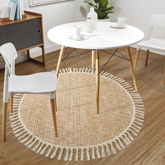 Hand Woven Circle Area Rug, Soft Hand Woven Cotton Washable Carpet | 4ft Modern Farmhouse Rugs with Tassels, Tan/Cream Round Rugs for Bedroom Living Room Dining Room Table Office