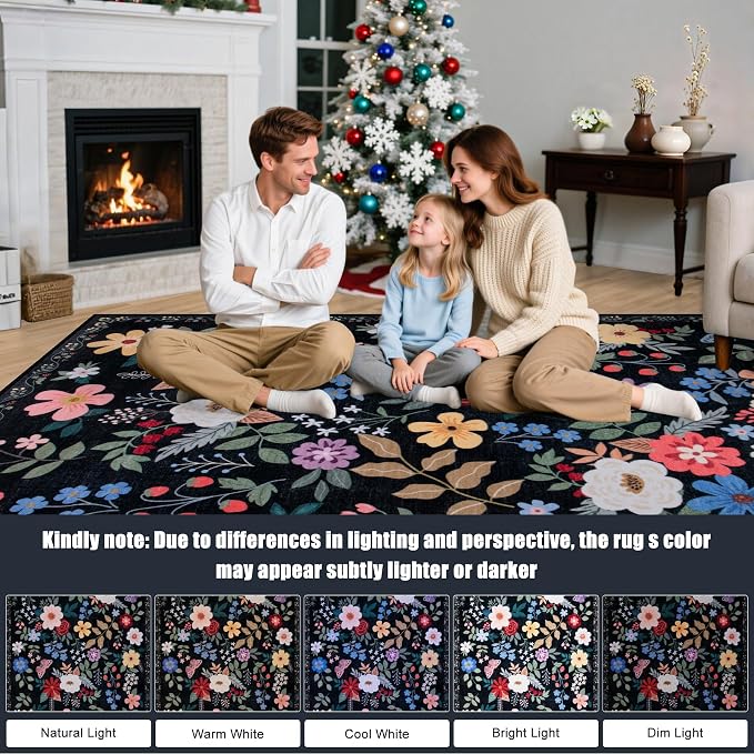 PLHXFR 2.6x10 Washable Runner Rug：Floral Indoor Kitchen Soft Carpet Black | For Hallway Bedroom Kitchen Laundry Bathroom Dorm,Vintage Floral,Machine washable,Non Slip,Stain Resistant,Indoor Floor