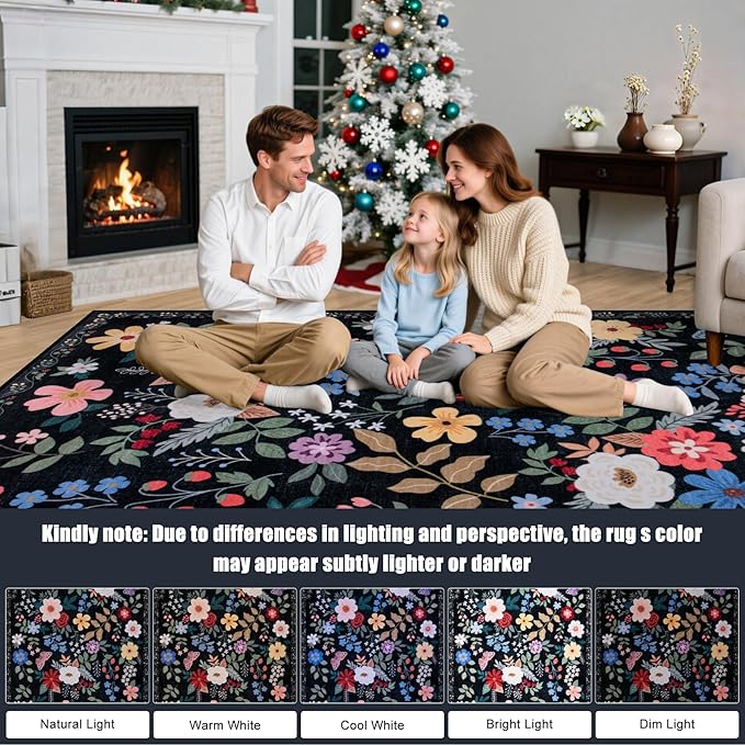 PLHXFR Round Area Rug Living Room: 6 ft Floral Washable Soft Carpet Black | For Bedroom Dining Room Farmhouse Nursery Hallway,Vintage Floral,Machine washable,Non Slip,Stain Resistant,Large Indoor