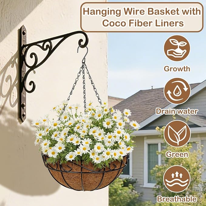 2 Pack 12 inch Metal Hanging Baskets for Plants, Round Metal Wire Hanging Basket Planter with Coco Fiber Liners Chain for Garden Home Porch Patio, Flower Border