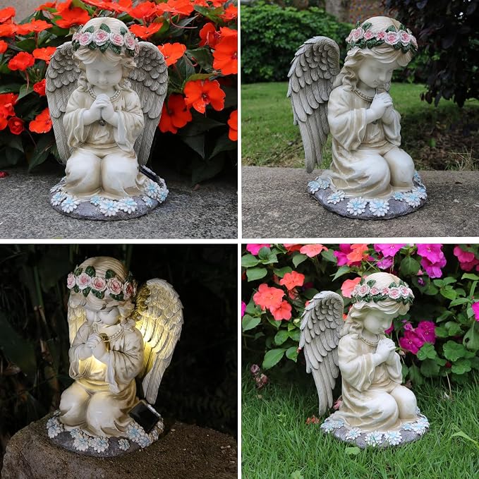 Sharita Praying Angels Figurine,Solar Garden Angel Statues, Waterproof Kneeling Angel Sculpture, Outdoor Decor Ornament for Patio Lawn Yard Balcony, Garden Gift