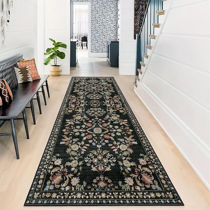 Washable Runner Rug 2x6 Area Rug Non Slip Ultra-Thin Floral | Long Throw Carpet for Hallway Kitchen Bedroom Bedside Laundry Room Floor Indoor Low Pile Botanical Boho Vintage Black