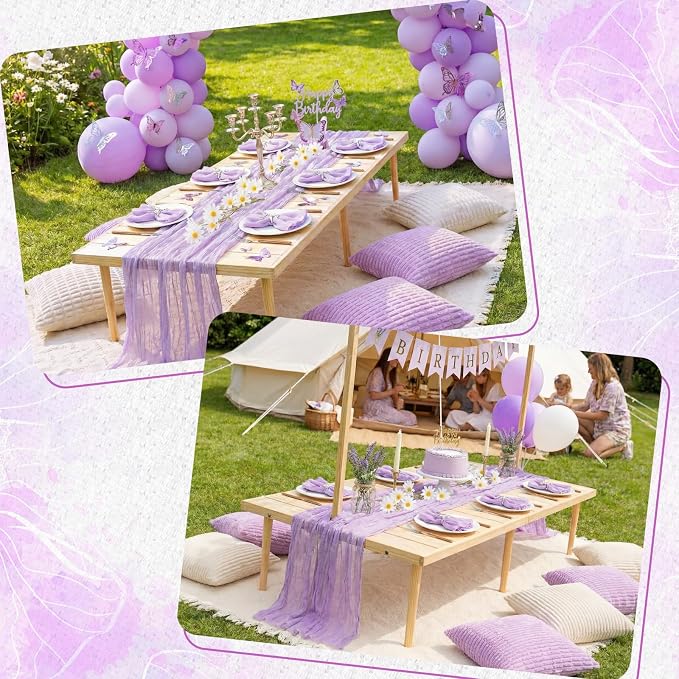 Beeveer 14 Pack Picnic Kit 91x71 Inch Extra Large Outdoor Boho Picnic Blanket with Purple Table Runner, 6 Throw Pillow Covers 6 Napkin Woven Cotton Yarn Washable Beach Blanket for Camp Wedding Decor