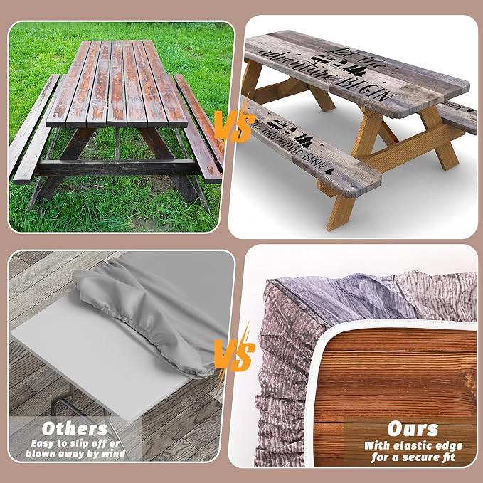 Picnic Table Cover with Bench Covers Elastic Edges Camping Essentials 4 Pcs Wood Grain Brown Waterproof Oil-Proof Tablecloth with Handbag for RV Accessories Farmhouse Camping Rustic Party Decor 72 IN