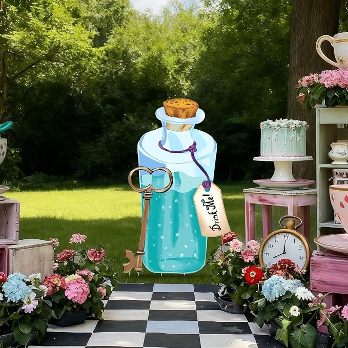Preboun Wonderland Tea Party Decor Outdoor Down The Rabbit Hole Garden Decor Yard Sign Vintage Gold Oval Tea Party Decoration for Wonderland Birthday Baby Shower Lawn Garden(Blue Medicine Bottle)