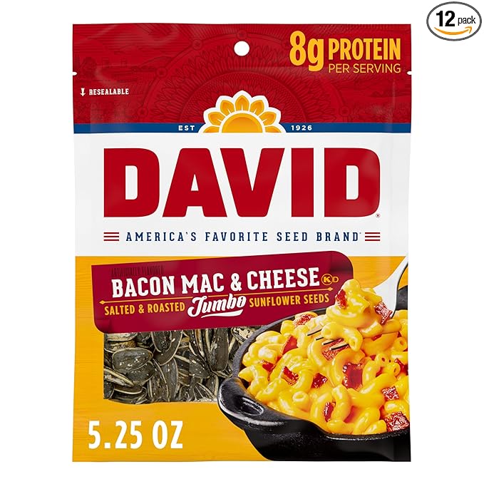 DAVID Jumbo Sunflower Seeds, Bacon Mac and Cheese Flavor, 5.25 oz. (Pack of 12)