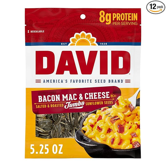 DAVID Jumbo Sunflower Seeds, Bacon Mac and Cheese Flavor, 5.25 oz. (Pack of 12)