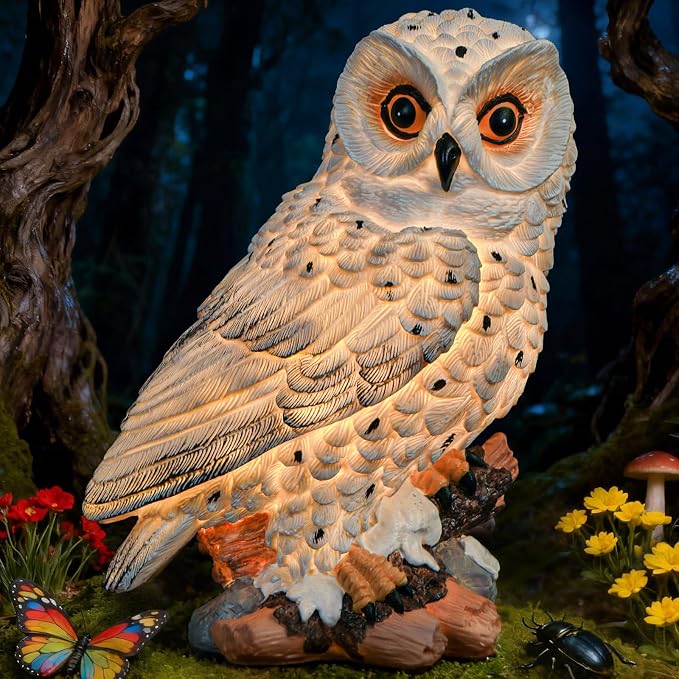 Solar Owl Garden Outdoor Statue,Owl Figurine Sculpture with LED Lights for Porch Patio Lawn Yard Deck Spring Decor - Mother's Day Housewarming Gift for Women Men Owl Lover(White)