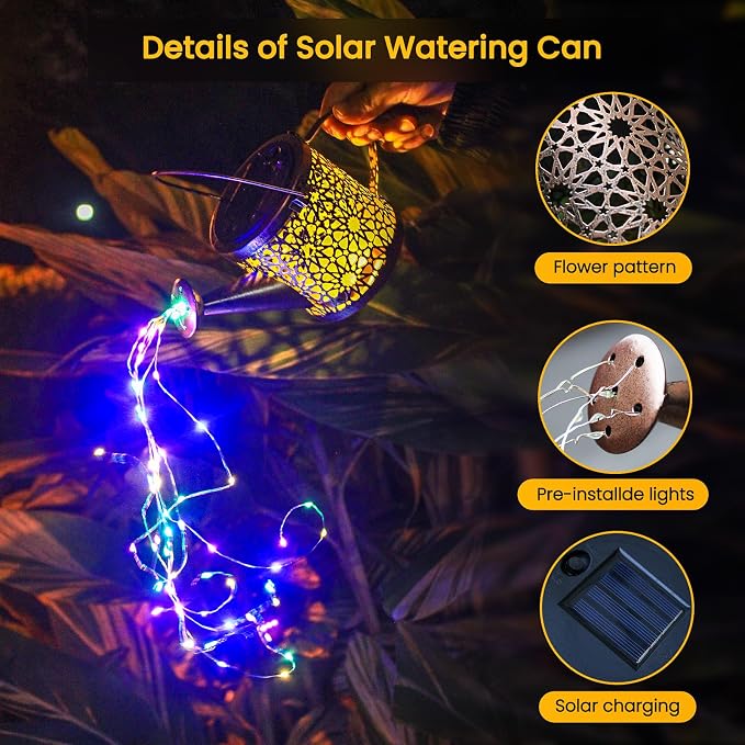 Solar Lights Outdoor Decorative, Metal Solar Watering Can Lights Waterproof, Small Hanging Gardening Decor for Yard Outside Patio Lawn, Mother’s Day Gifts, Birthday Gifts for Mom Grandma(Colorful)