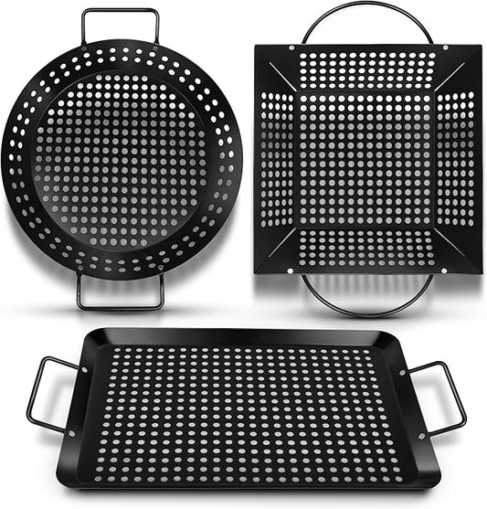 Qetumst Large 3 Piece Grill Basket Set for Outdoor Grill, Heavy Duty Veggie Grilling Pan with Riveted Handles, Warp Resistant Nonstick BBQ Accessories for Vegetables, Seafood & Meat