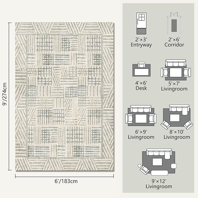 Area Rug 6x9 Abstract Geometric Textured Brushstroke - Neutral Gray & Light Blue Modern Minimalist Area Rug, Decorative Carpet for Living Room Bedroom Home Decor