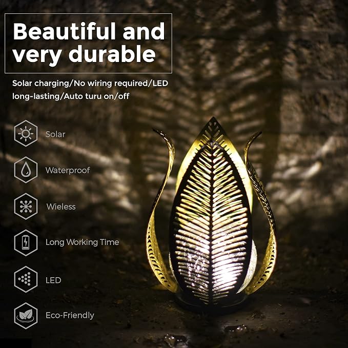 Solar Garden Lights Waterproof Decorations,Crackle Globe Glass,Metal Palm Leaf Solar Lights for Outdoor Decor On Garden,Patio,Yard,Front Porch,Tabletop Lamp-Perfect Gifts