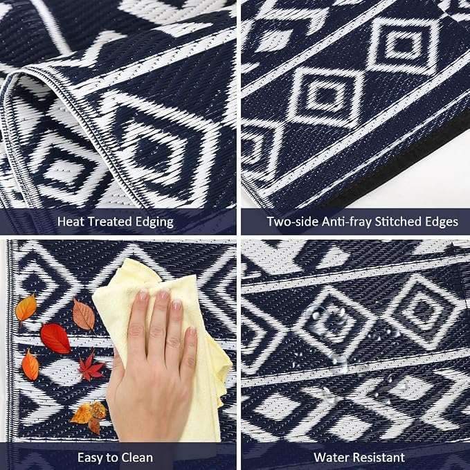 Pendolr 5’x8’ Outdoor Rug Waterproof Carpet Patio Mat Outdoor Plastic Straw Rug Camping Rug Reversible Outside Outdoor Area Rug for Balcony Deck Backyard RV Picnic Beach Navy&White 03#