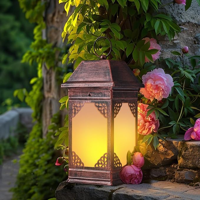 15.5" Solar Lanterns Outdoor Waterproof, Glass Flickering Flame Solar Lantern, Hanging Metal Lantern Decorative for Patio Front Porch Garden Backyard Tabletop Party Decoration