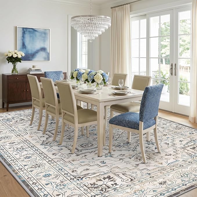 Vintage Washable Area Rug 9x12, Non-Slip Low-Pile Elegant Persian Carpet for Living Room Bedroom Dining Room, Stain Resistant Traditional Indoor Large Rug, Neutral Cream Blue