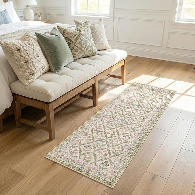 jinchan Runner Rug 2x5 Vintage Floral Washable Hallway Area Rug, Sage Green | Soft & Lightweight, Checkered Floral, Low Pile, Non Slip, Entryway, Kitchen, Bedside, Laundry Room, Cottage Decor