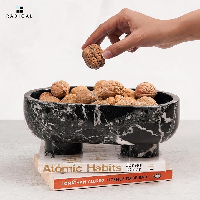Radicaln Marble Oval Bowl With Stand 10" Inches Black Handmade Candy Dish and Candle Holder, Ideal Key Bowl, Fruit and Decorative Bowl For Entryway Table