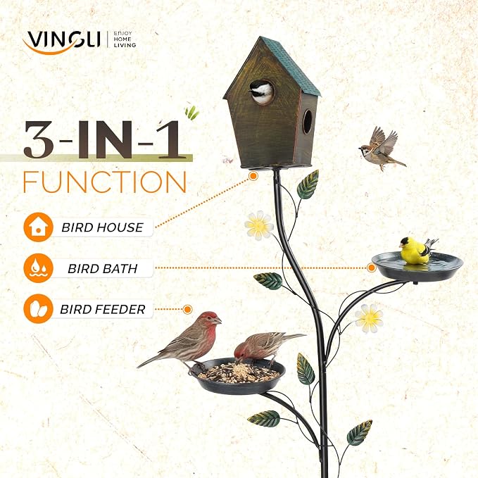VINGLI 74.8" H Metal Bird Bath with Bird House, Outdoor Bird Bath with Stakes, 3-in-1 Bird Feeder for Patio, Garden, Yard, Lawn (Top-Fixed Bird House)