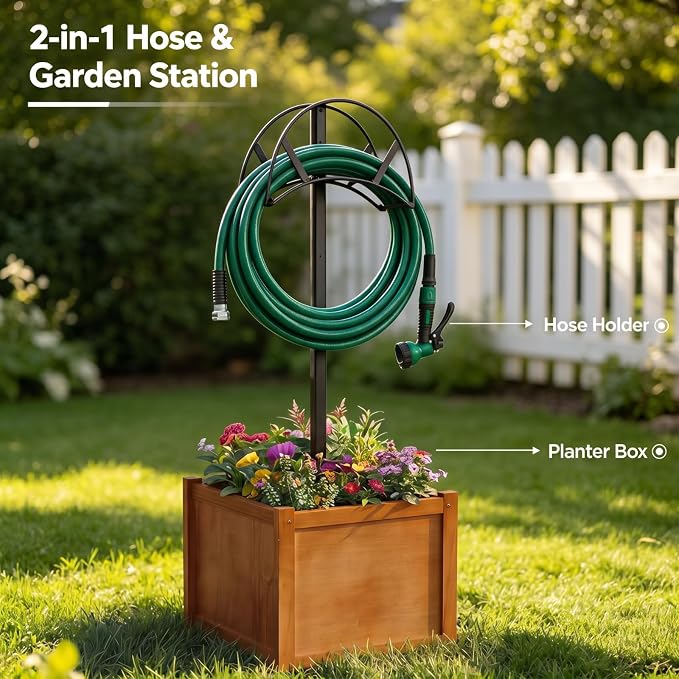 AceOrbit 2-in-1 Garden Hose Holder with Planter Box, Freestanding Heavy Duty Metal Water Hose Stand with Wooden Flower Pot 15.75", Detachable Organizer Rack for Patio Lawn Yard Garden Decor