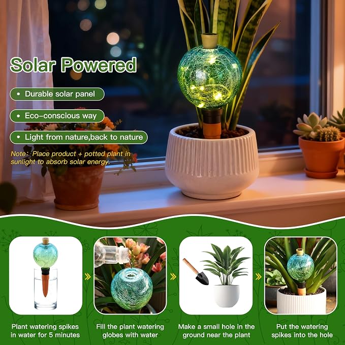 VOREEN Crackle Glass Plant Watering Globe with Terracotta Spike,Self-Watering Irrigation for Potted Plants, with Solar Accent Light for Indoor & Outdoor Décor, 17oz, Blue–Green Gradient