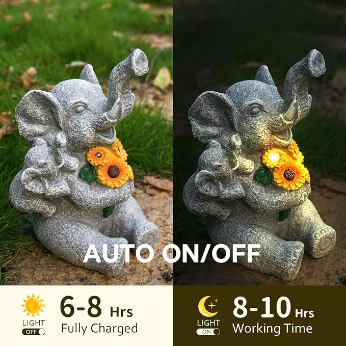 Elephant gifts for Women, Solor Garden Statue, Elephant and Sunflower Figurine with Lights, Outdoor Decorations for Yard Backyard Patio Porch, Gifts for Mom Daughter Grandma Friend Gardener