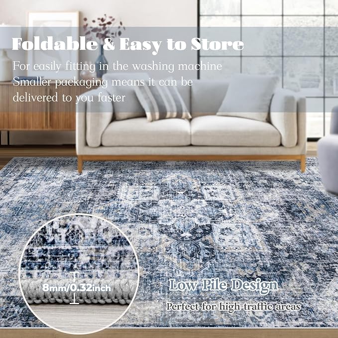 Area Rug 6x9 Washable Rug, Vintage Boho Medallion Rugs Non-Slip Soft Low Pile Large Distressed Rug Indoor Retro Carpet for Living Room Bedroom Dining Room Home Office (Blue, 6'x9')