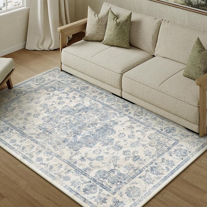 4x5 Blue Neutral Area Rug | Washable, Non Slip, Soft Low Pile, Vintage Farmhouse, for Entryway Kitchen Bathroom Living Room Bedroom Indoor Home Decor